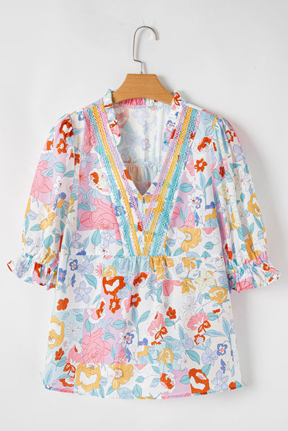 Pink Boho Flower Print Half Puff Sleeve Blouse