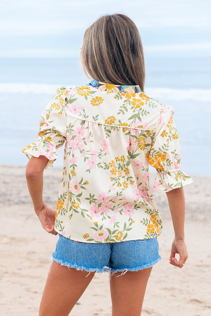 Multicolour Crochet V Neck Half Sleeve Boho Floral Blouse