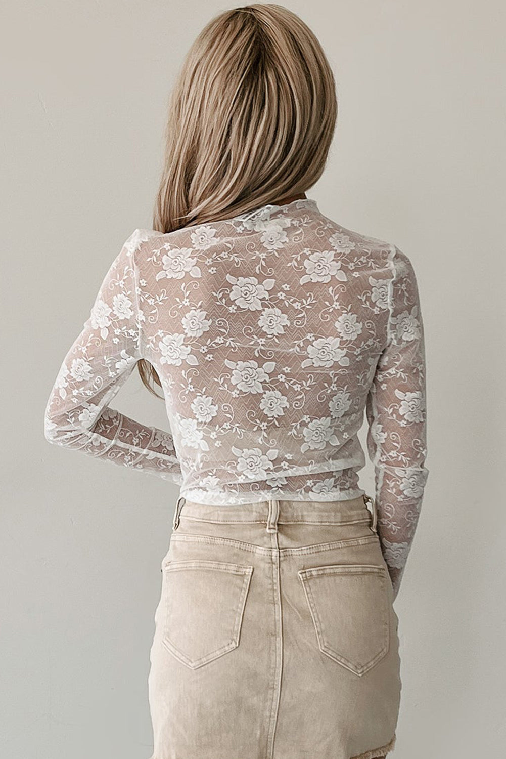 Apricot Pink Sheer Floral Lace Mesh Mock Neck Long Sleeve Top