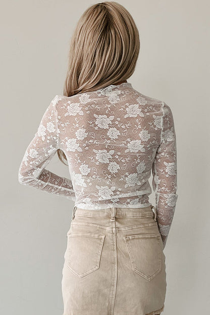 Apricot Pink Sheer Floral Lace Mesh Mock Neck Long Sleeve Top