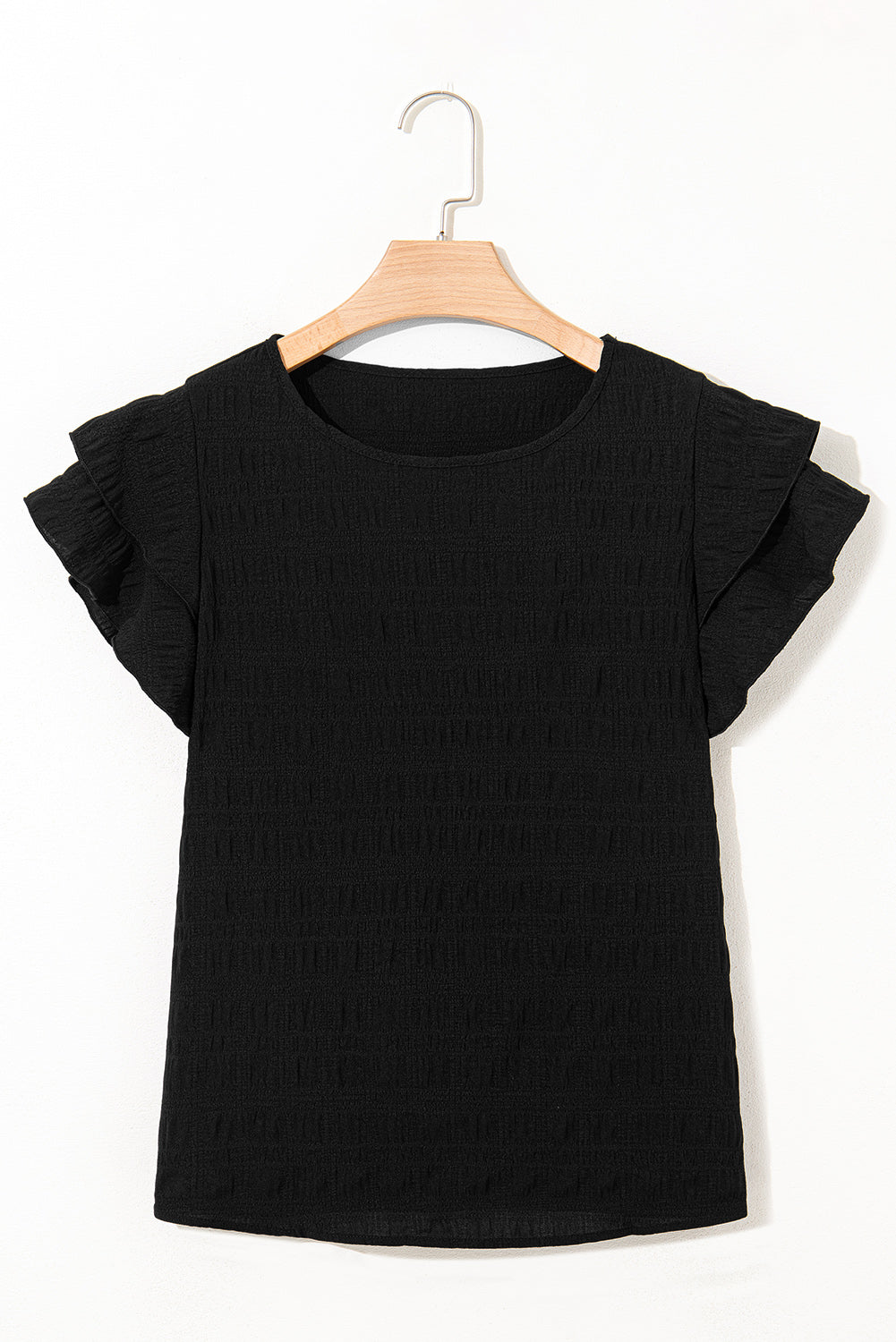 Dark Blue Textured Ruffled Sleeve Round Neck Top