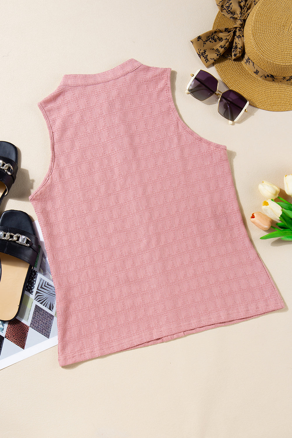 Black Lattice Textured Split Neck Tank Top