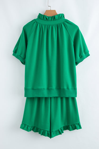 Sea Green Half Zip Puff Sleeve Top and Ruffled Shorts Set