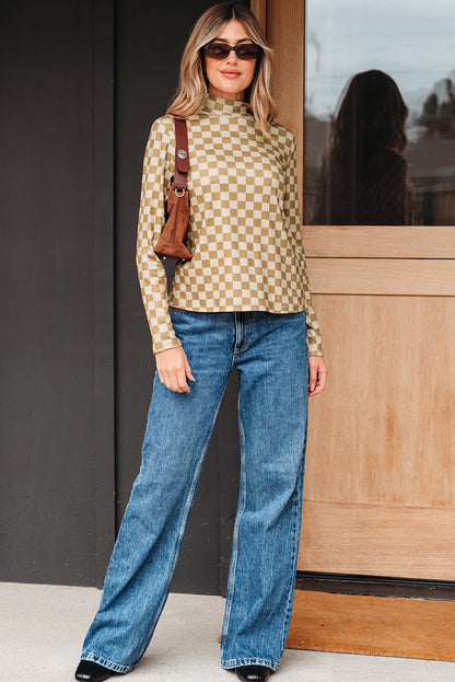 Khaki Check Pattern Turtleneck Ribbed Slim Long Sleeve Tee  Jo