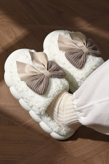 White Contrast Bowknot Applique Plush Winter Slippers (Bow Colors May Differ by Batch) by