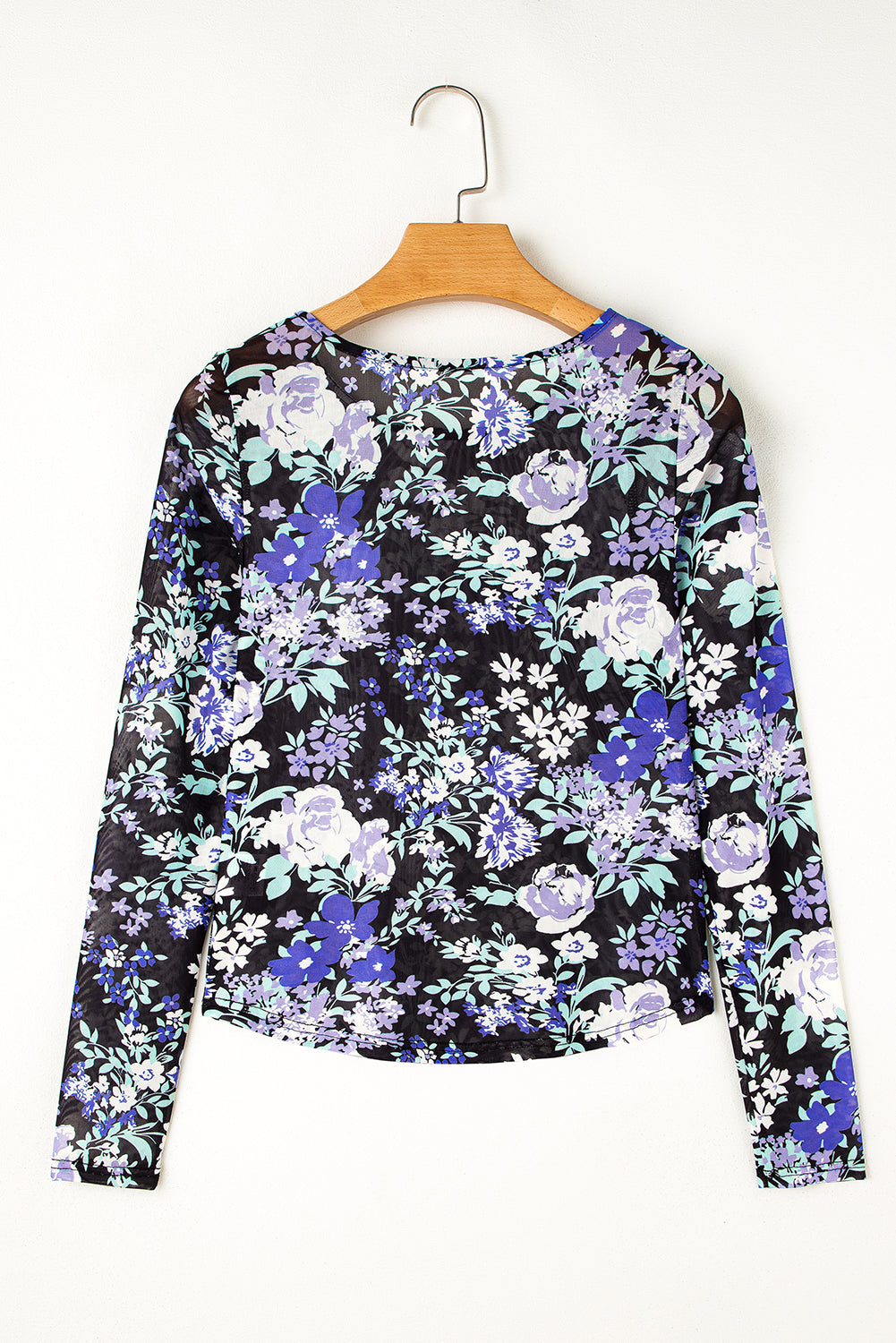 Green Floral Print Mesh Fitted Long Sleeve Top