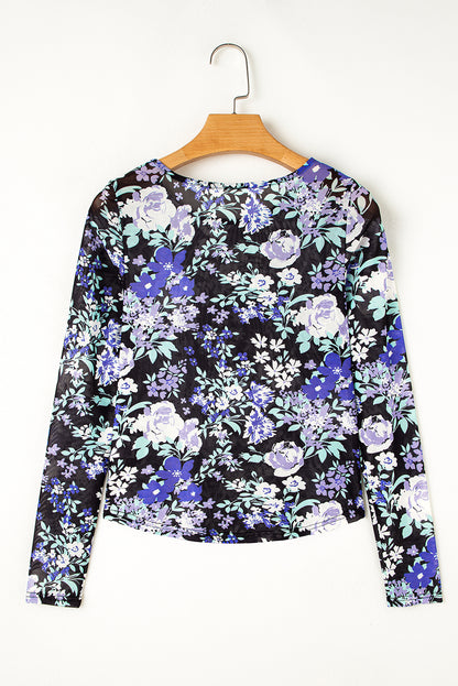 Green Floral Print Mesh Fitted Long Sleeve Top