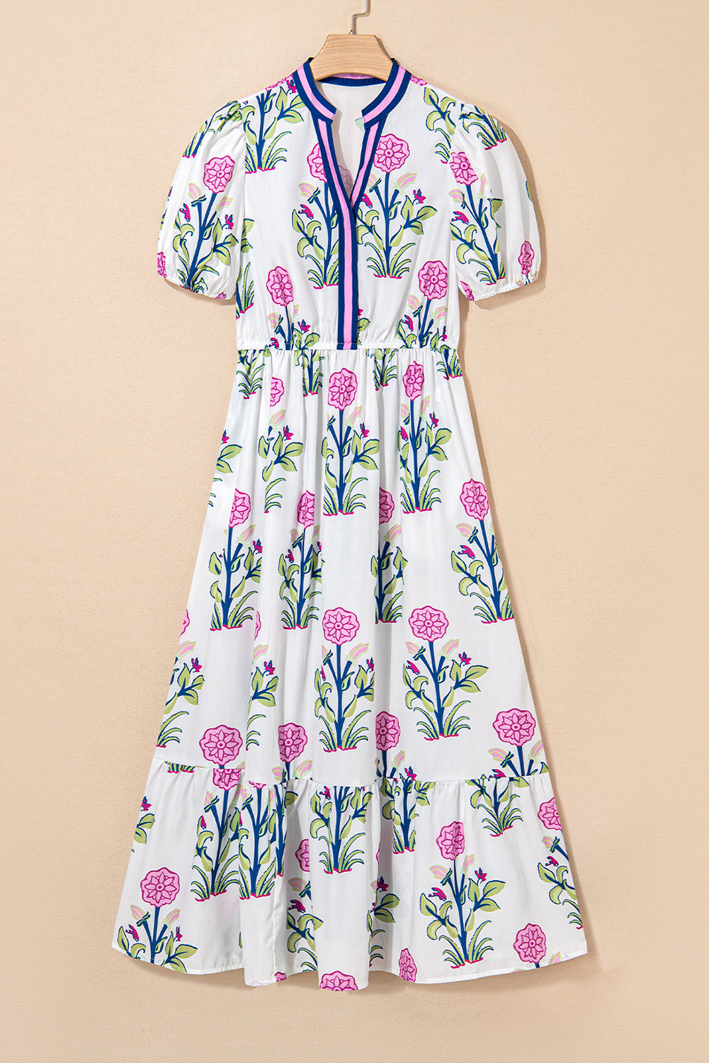 Sky Blue Floral Puff Short Sleeve V Neck High Waist Maxi Dress