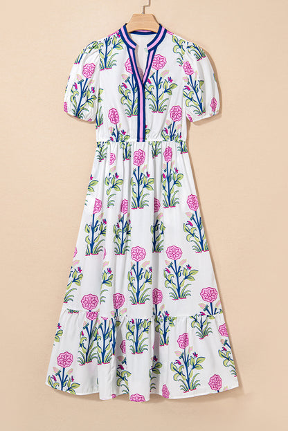 Sky Blue Floral Puff Short Sleeve V Neck High Waist Maxi Dress