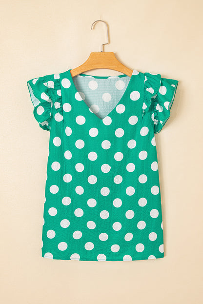 Black Polka Dot Print Ruffled Sleeve V Neck Blouse