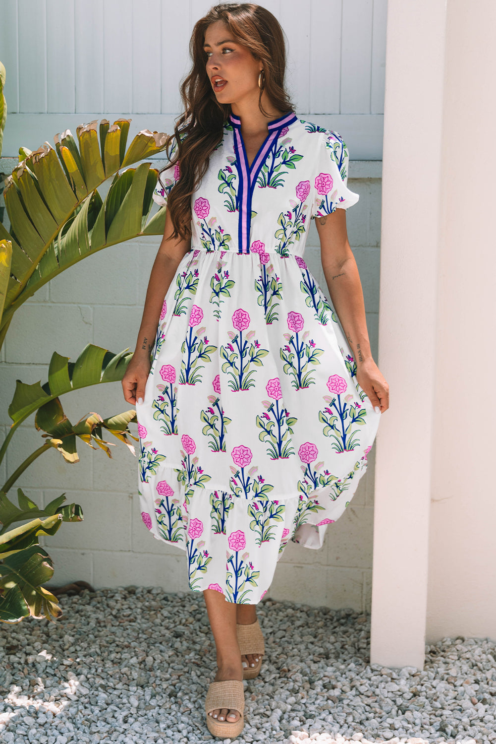 Sky Blue Floral Puff Short Sleeve V Neck High Waist Maxi Dress