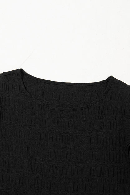 Dark Blue Textured Ruffled Sleeve Round Neck Top