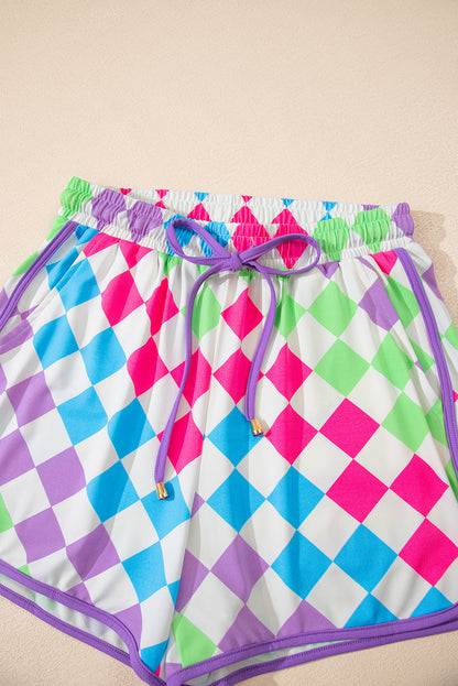 Black Checkered Drawstring Elastic Waist Casual Shorts