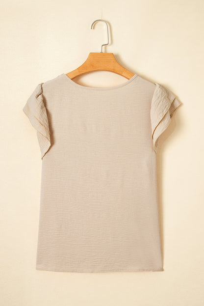 Mist Blue Solid Color Ruffled Short Sleeve Casual Blouse