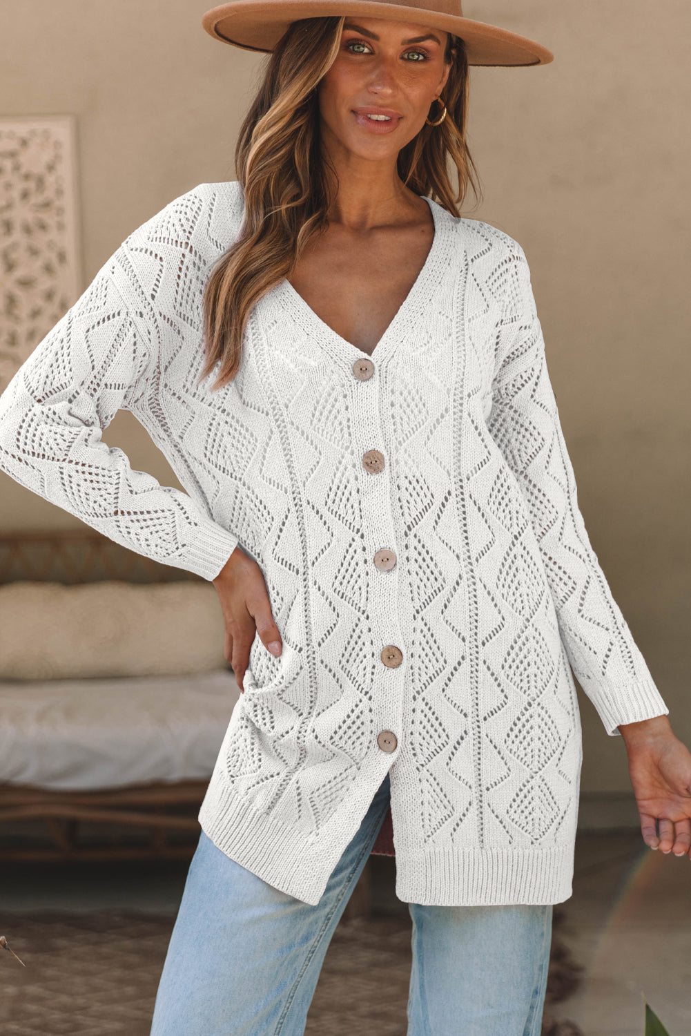 Gray Hollow-out Openwork Knit Cardigan