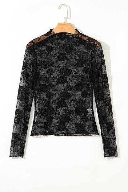 Apricot Pink Sheer Floral Lace Mesh Mock Neck Long Sleeve Top