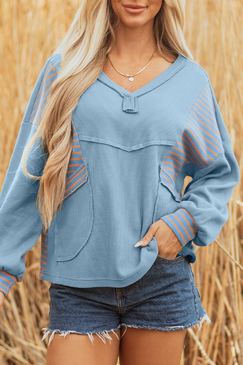 Meadow Mist Green Exposed Seam Waffle Striped Patchwork Baggy Pullover