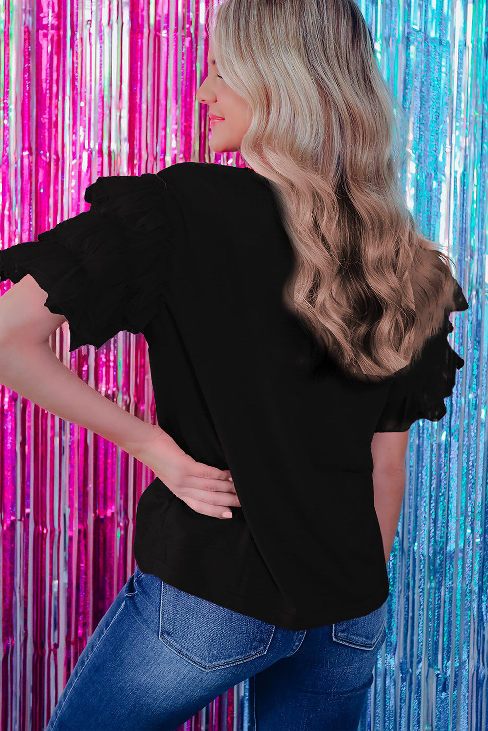 Pink Tulle Ruffle Sleeve Blouse