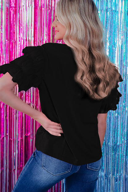 Pink Tulle Ruffle Sleeve Blouse