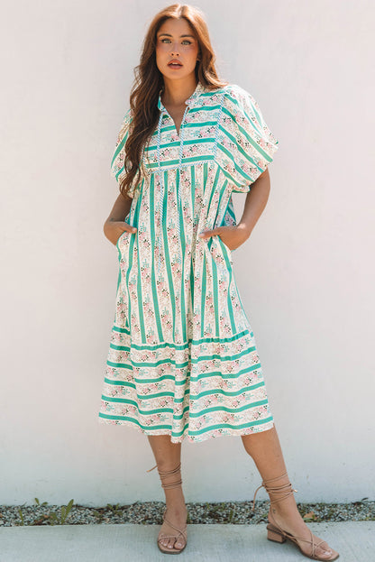 Multicolour Striped Floral Print Tie Split Neck Puff Sleeve Midi Dress No