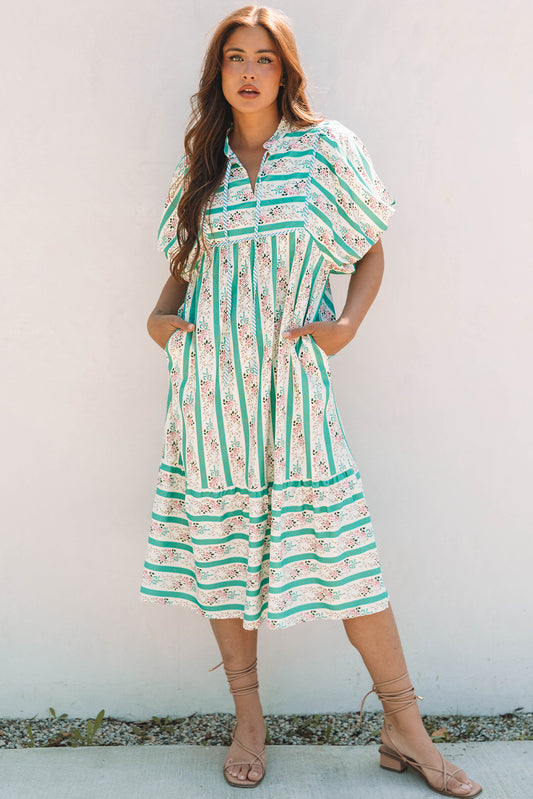 Multicolour Striped Floral Print Tie Split Neck Puff Sleeve Midi Dress No