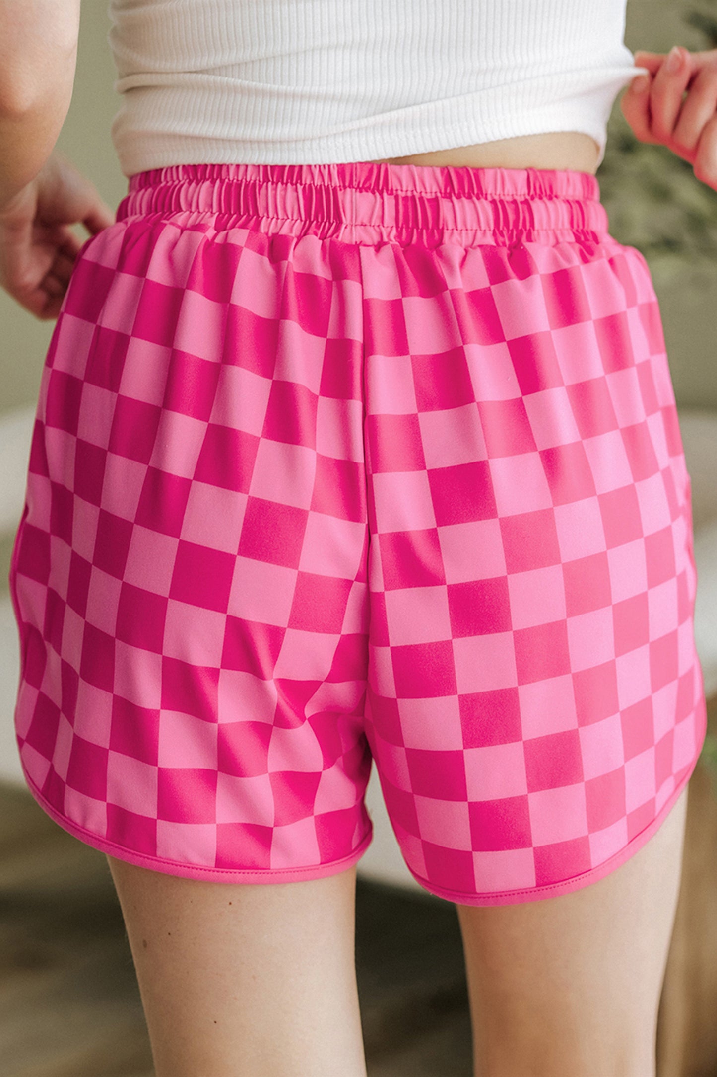 Black Checkered Drawstring Elastic Waist Casual Shorts