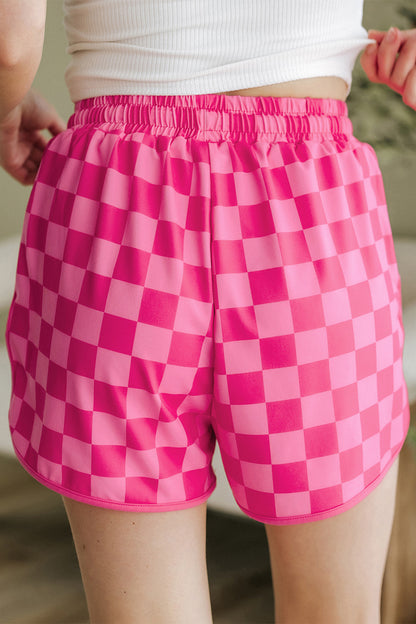 Black Checkered Drawstring Elastic Waist Casual Shorts