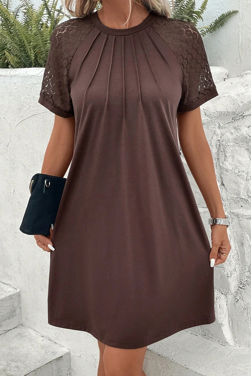 Black Contrast Lace Raglan Sleeve Pleated Detail Shift Dress