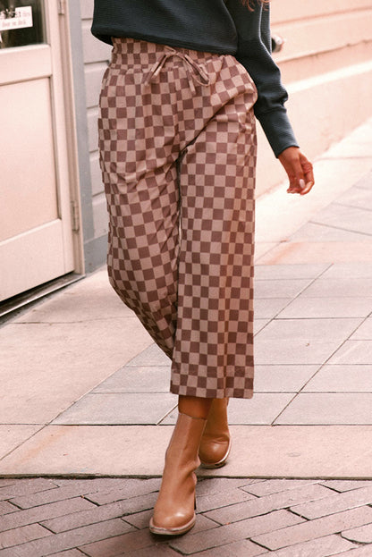 Khaki Checkered Elastic High Waist Loose Casual Pants