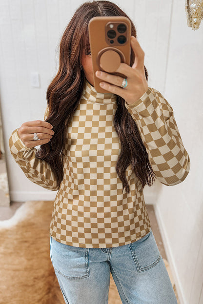 Khaki Check Pattern Turtleneck Ribbed Slim Long Sleeve Tee  Jo