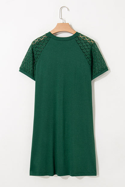 Black Contrast Lace Raglan Sleeve Pleated Detail Shift Dress