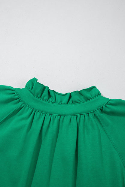 Sea Green Half Zip Puff Sleeve Top and Ruffled Shorts Set