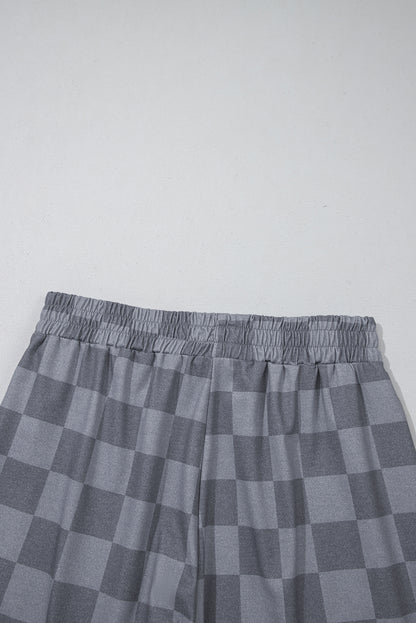 Beige Checkered V Neck Tee Drawstring Shorts Lounge Set