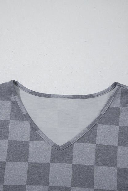 Beige Checkered V Neck Tee Drawstring Shorts Lounge Set