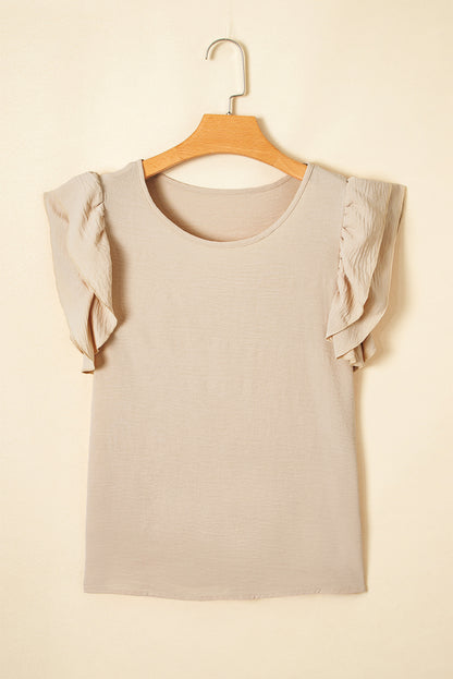 Mist Blue Solid Color Ruffled Short Sleeve Casual Blouse
