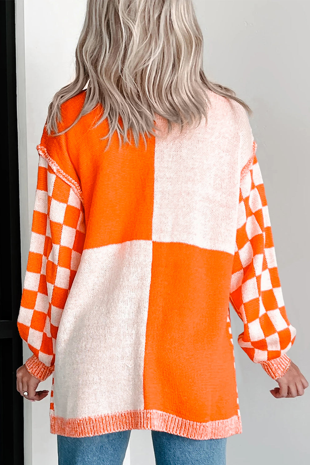 Black Checkered Open Front Drop Shoulder Cardigan
