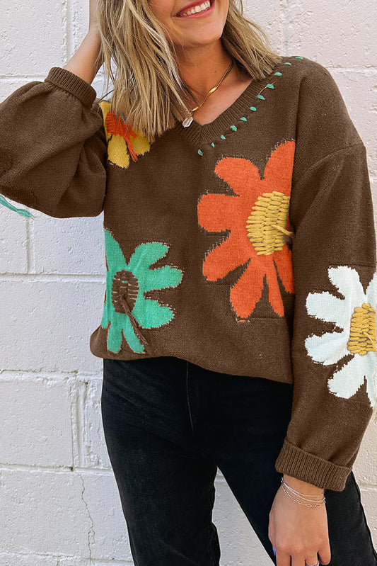 Coffee Big Flower Pattern V Neck Drop Shoulder Sweaterj