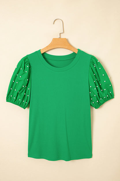 Black Ribbed Pearl Beaded Puff Sleeve Top