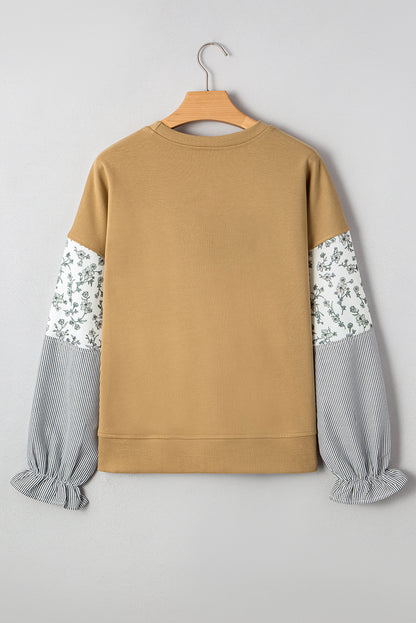 Camel Floral Striped Patchwork Ruffled Sleeve Crew Neck Sweatshirt