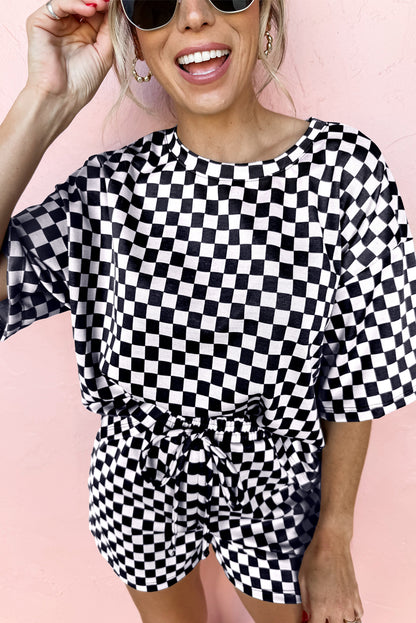 Rose Checkered Top and Short Casual 2pcs Set