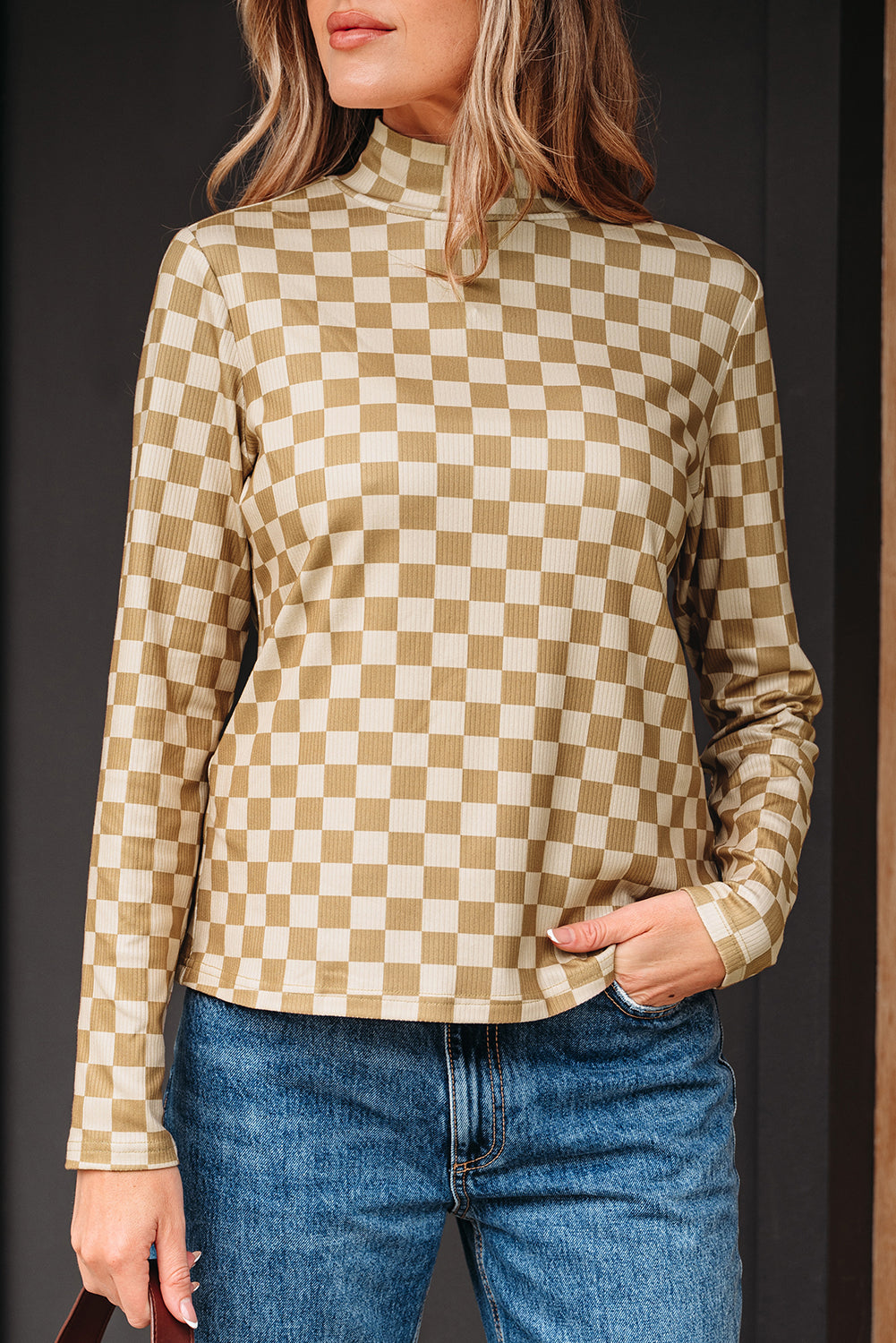 Khaki Check Pattern Turtleneck Ribbed Slim Long Sleeve Tee  Jo