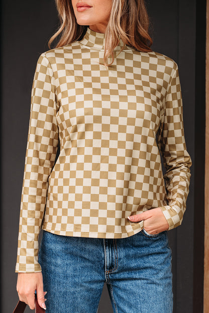 Khaki Check Pattern Turtleneck Ribbed Slim Long Sleeve Tee  Jo