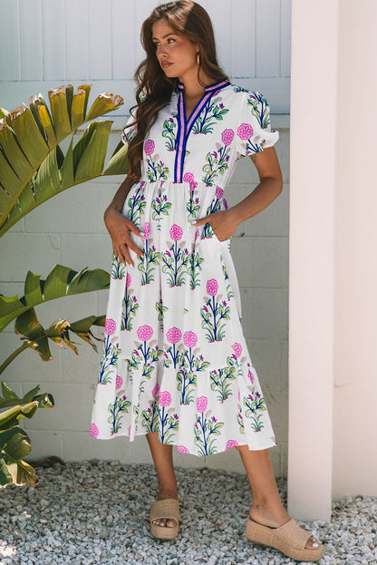Sky Blue Floral Puff Short Sleeve V Neck High Waist Maxi Dress