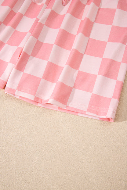 Beige Checkered V Neck Tee Drawstring Shorts Lounge Set