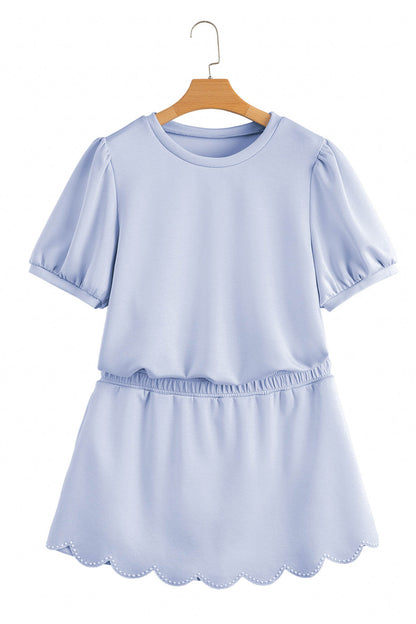 Beau Blue Puff Sleeve Pearl Embellished Scallop Trim Top 2 Piece Skort Set