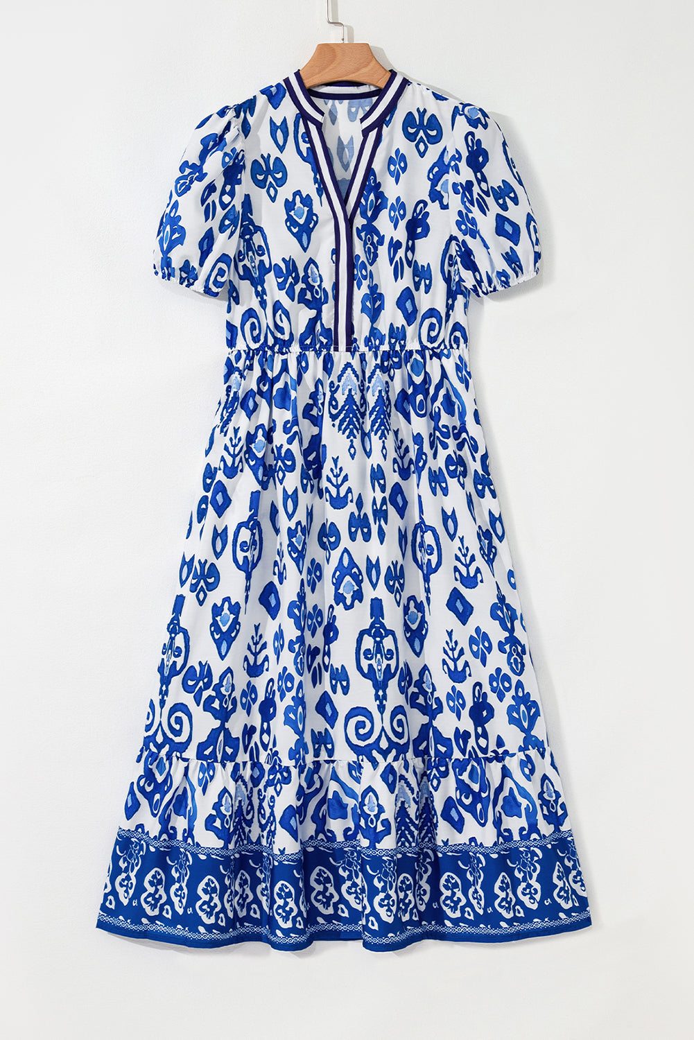 Sky Blue Floral Puff Short Sleeve V Neck High Waist Maxi Dress