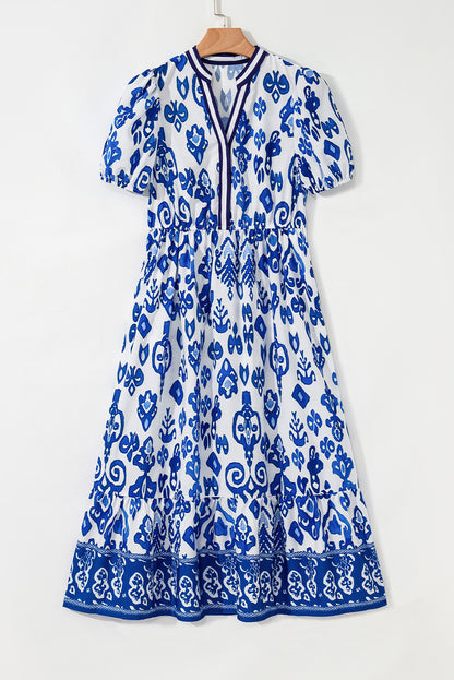 Sky Blue Floral Puff Short Sleeve V Neck High Waist Maxi Dress