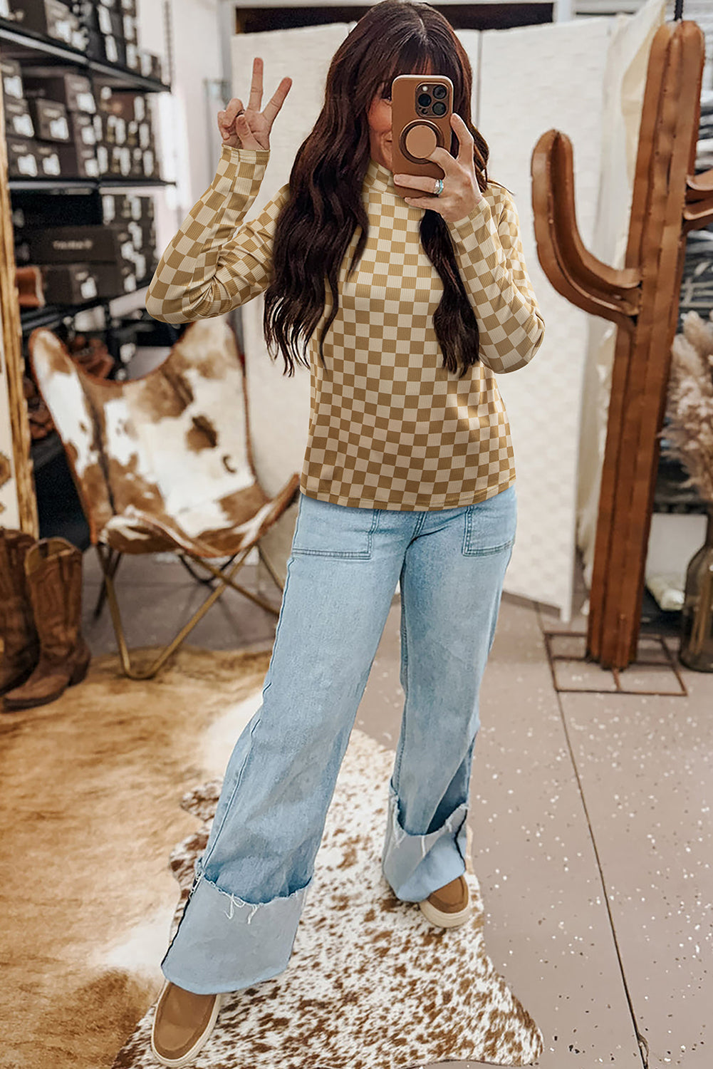 Khaki Check Pattern Turtleneck Ribbed Slim Long Sleeve Tee  Jo