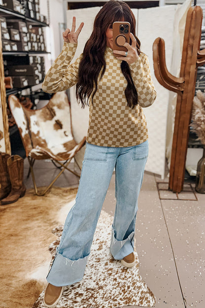 Khaki Check Pattern Turtleneck Ribbed Slim Long Sleeve Tee  Jo