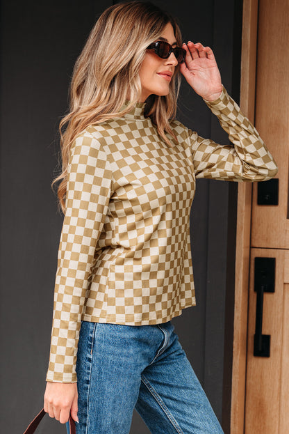 Khaki Check Pattern Turtleneck Ribbed Slim Long Sleeve Tee  Jo